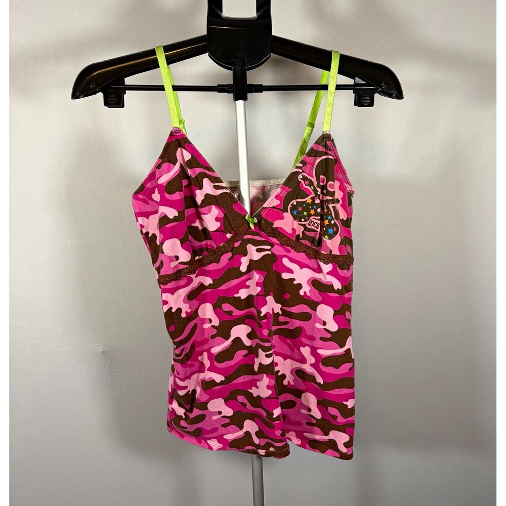 Y2K Grunge Skater XL Pink Camouflage Rock Me Skull Cami Tank Top Babydoll Lace